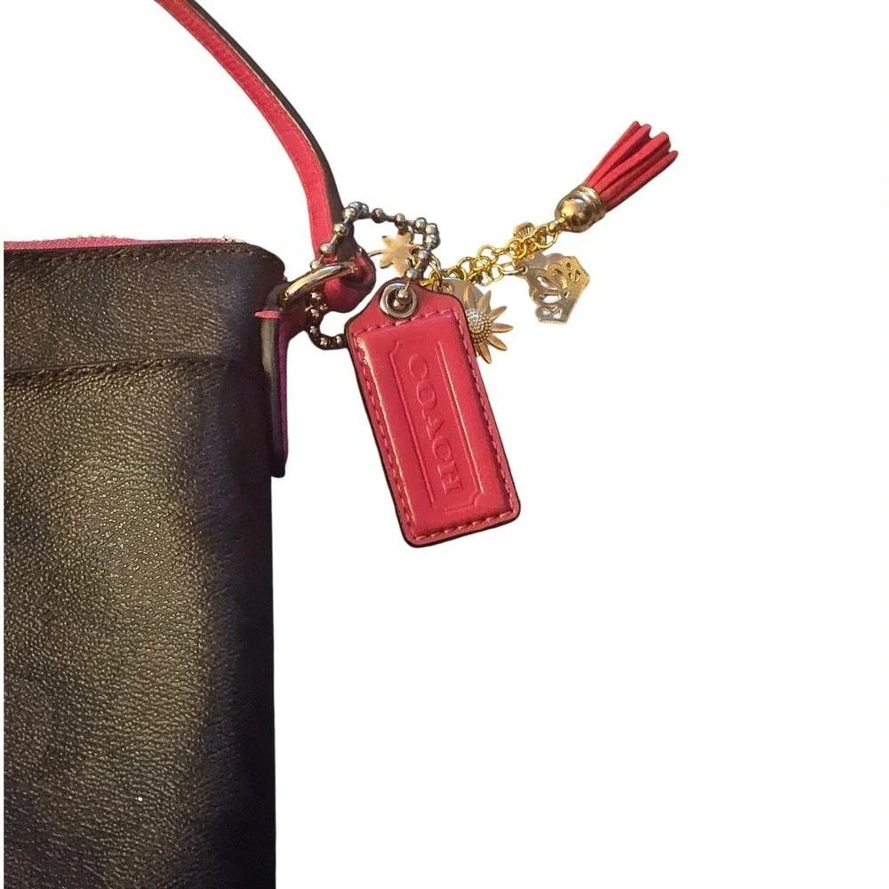 Coach Signature Monogram Crossbody‎ Bag Pink Leather Trim Gold Hardware Charms